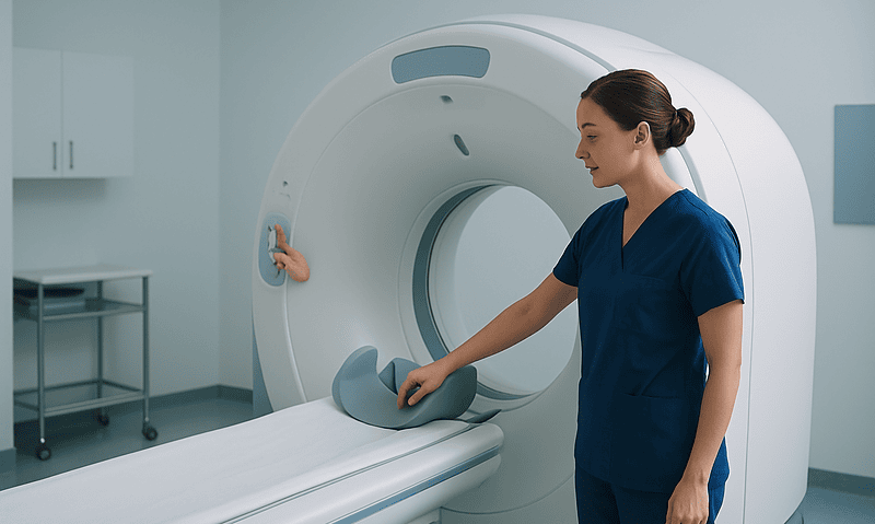 Medical professional prepares MRI scan in a modern hospital setting.