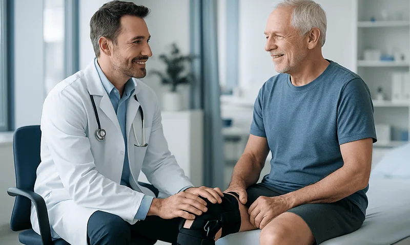 Doctor examining patient's knee after cruciate ligament surgery.