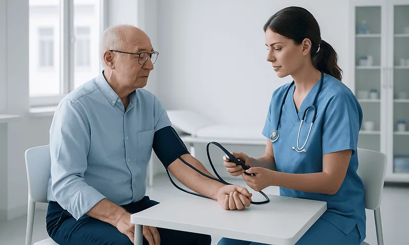 Doctor measuring blood pressure of elderly male patient in clinic.