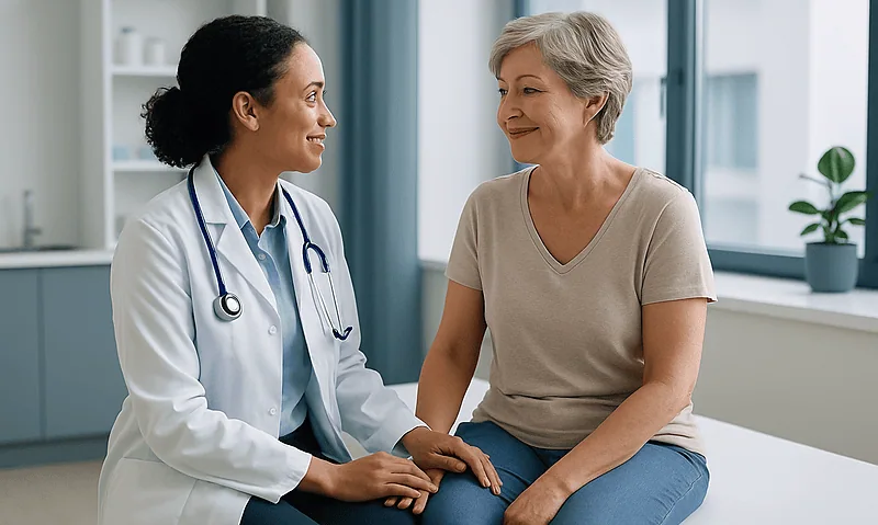 Doctor consulting with an elderly female patient in a modern clinic.