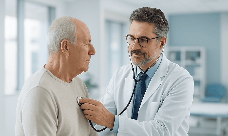Doctor examining an elderly patient with a stethoscope in a modern clinic.