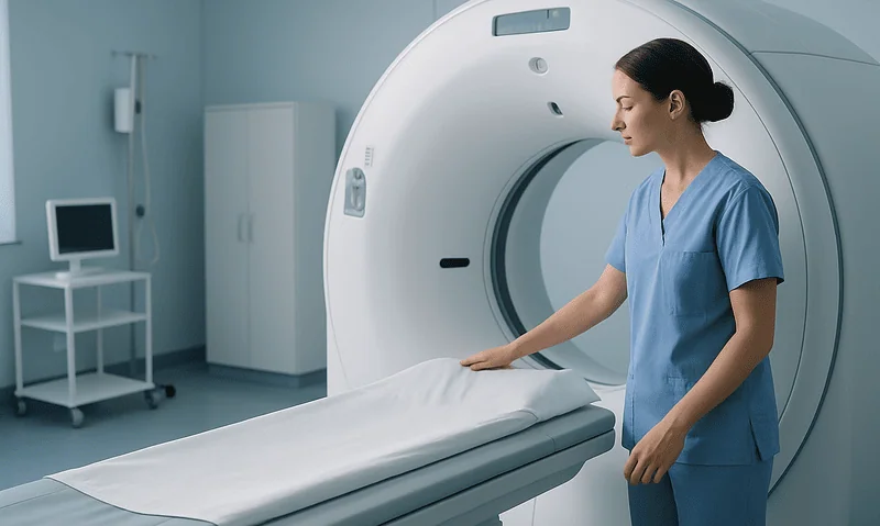 Female healthcare professional preparing MRI scan in a modern hospital.