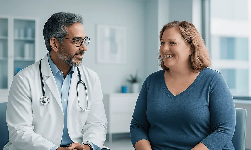 Doctor consulting with a woman patient in a medical office.