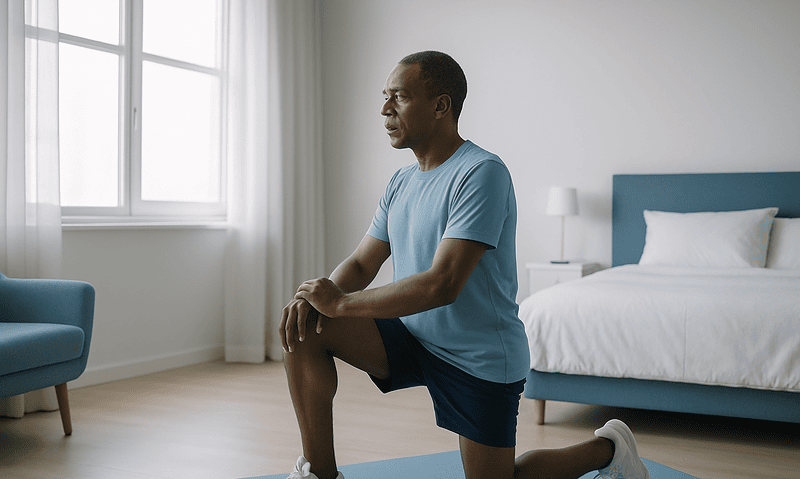 Man doing knee stretch exercise in bedroom for post-hysterectomy recovery.
