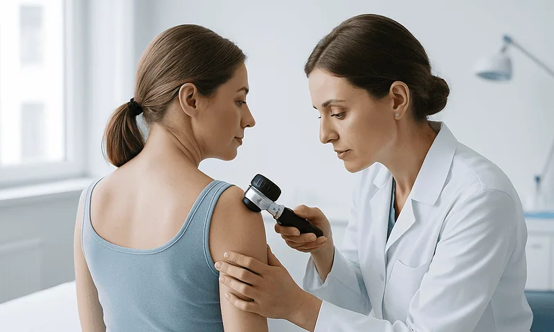 Doctor examining patient's skin for signs of skin cancer or other issues.
