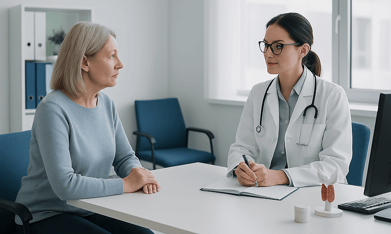 Doctor consulting with an older female patient in a modern clinic.