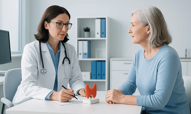 Endocrinologist consulting with a patient about thyroid health and hormone therapy.