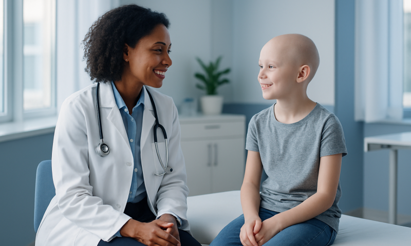 Pediatric doctor talking to a young patient in a hospital room.
