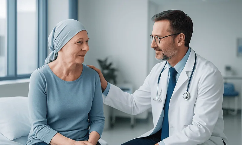 Doctor consulting with a female patient in a hospital room.