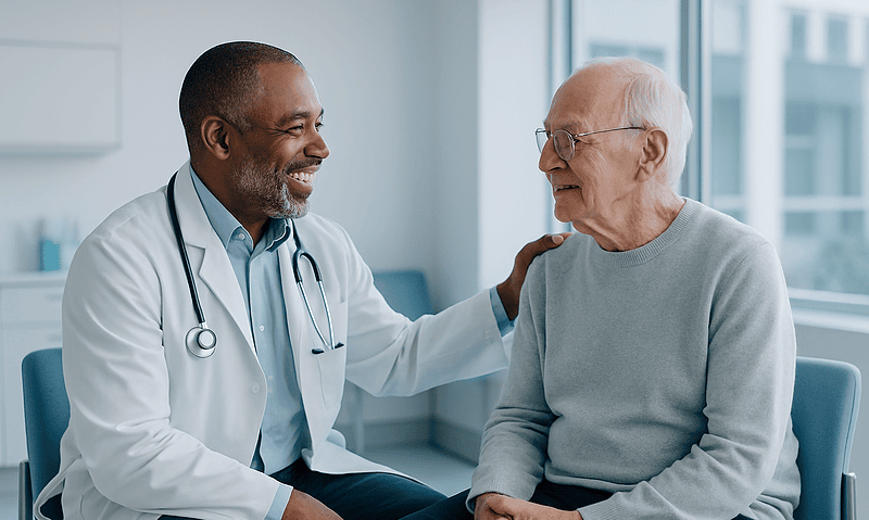 Doctor talking to elderly patient in a hospital setting.