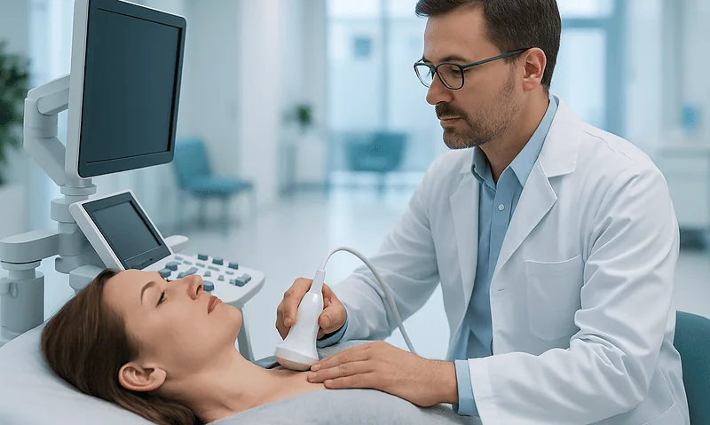 Doctor performing an ultrasound on a patient in a hospital room.