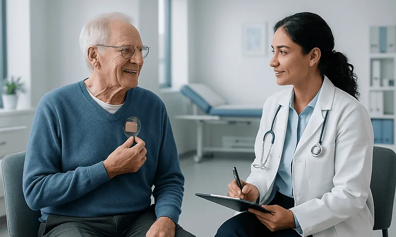 Elderly man with pacemaker talking to doctor in clinic.