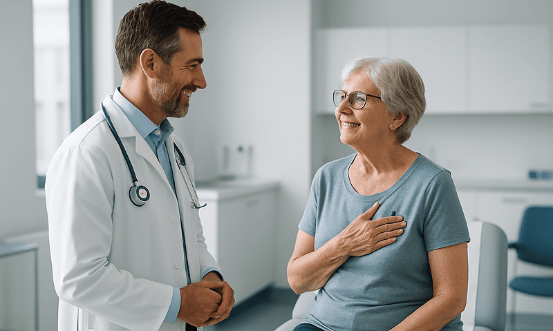 Doctor talking to an elderly woman in a medical clinic setting.