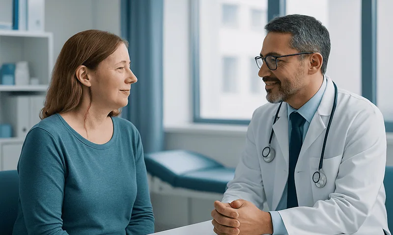 Doctor consulting with a female patient in a medical office.