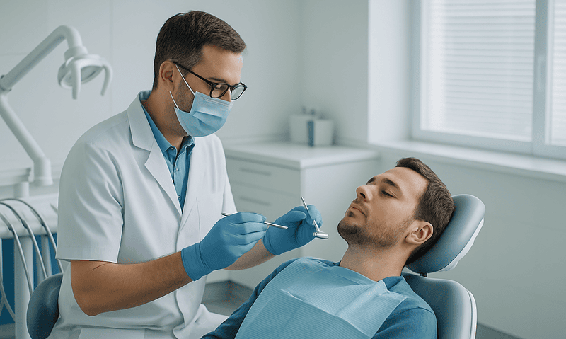 Dentist performing dental procedure on patient in clinic.