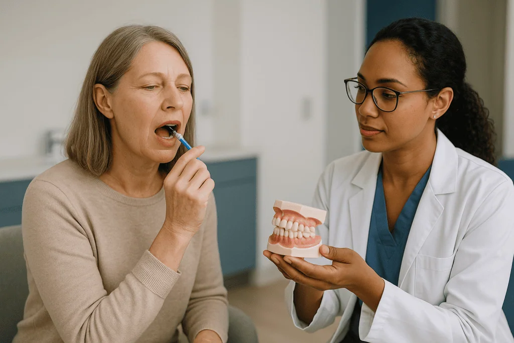 Dentist demonstrating dental model to adult patient: Life with dental implants: what the first days and weeks usually look l