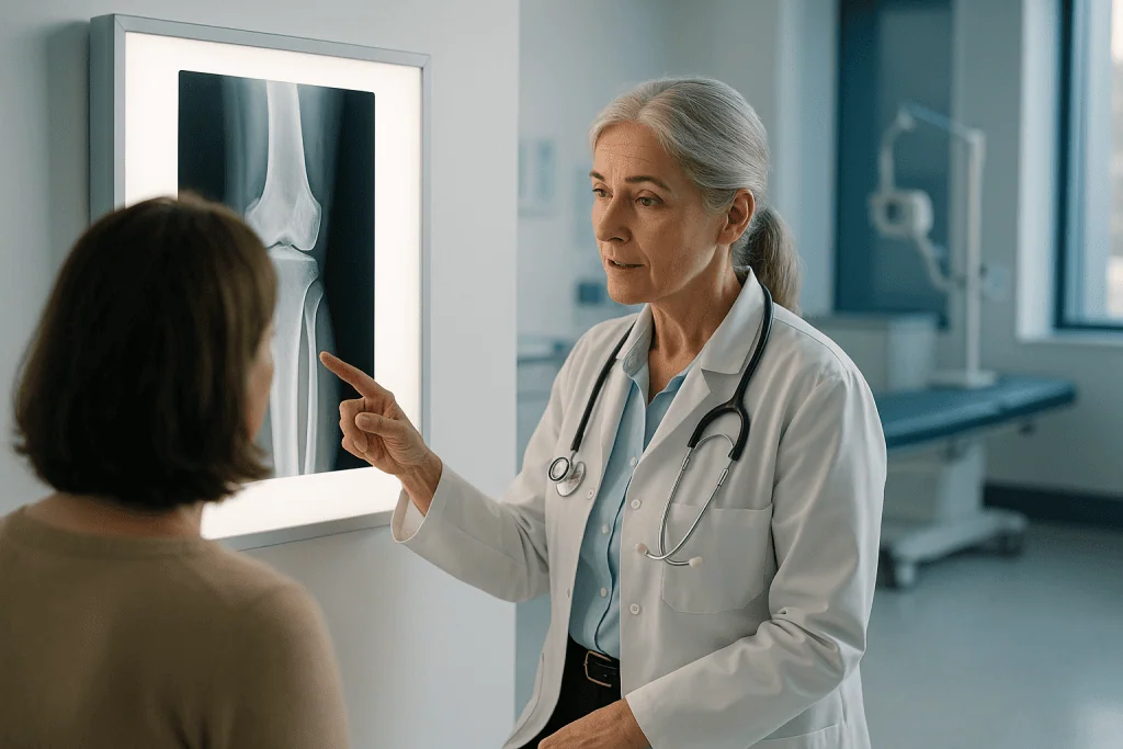 Limb Lengthening 1 Doctor explaining knee X-ray to patient in a hospital setting.