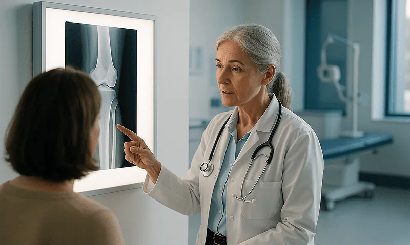 Doctor explaining knee X-ray to patient in a hospital setting.