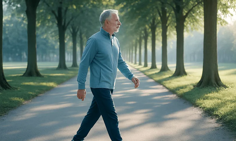 Older man walking in park during daytime, healthy and active lifestyle.