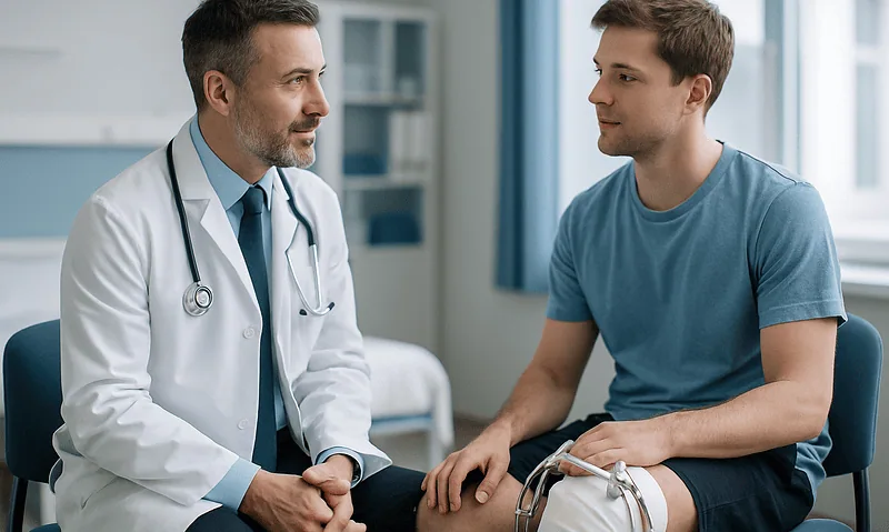 Doctor consulting with young male patient in hospital room.
