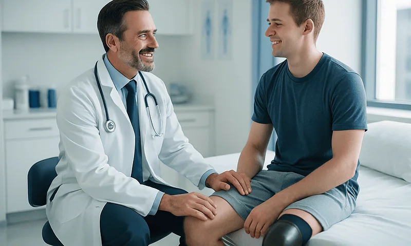 Doctor consulting with young male patient in hospital room.
