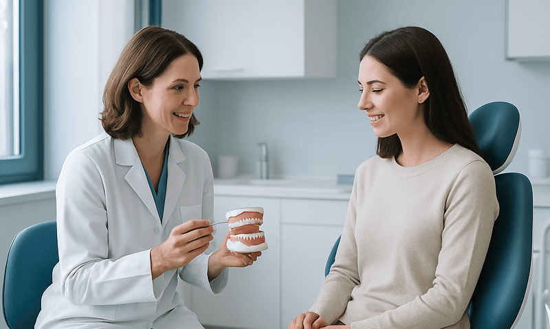 Dentist explaining lingual braces to patient in consultation room.