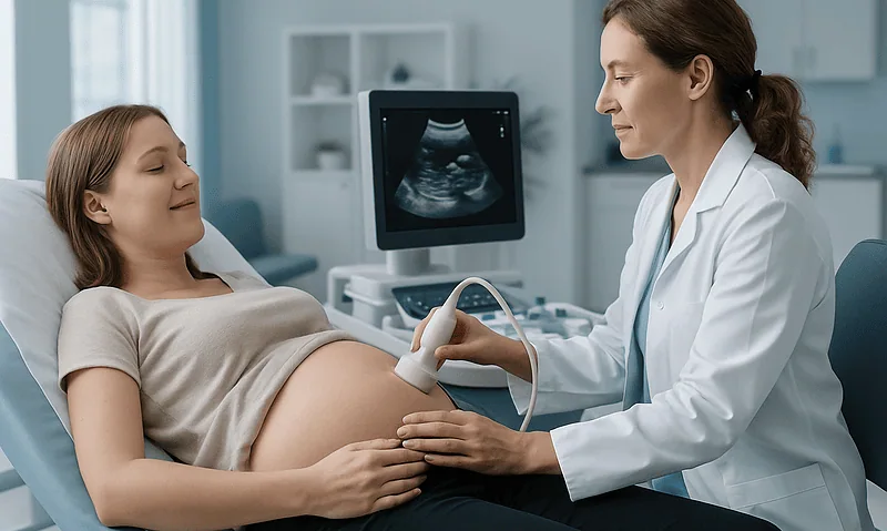 Pregnant woman having ultrasound scan at a medical clinic.