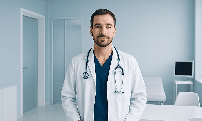 Male doctor in white coat with stethoscope in modern clinic.