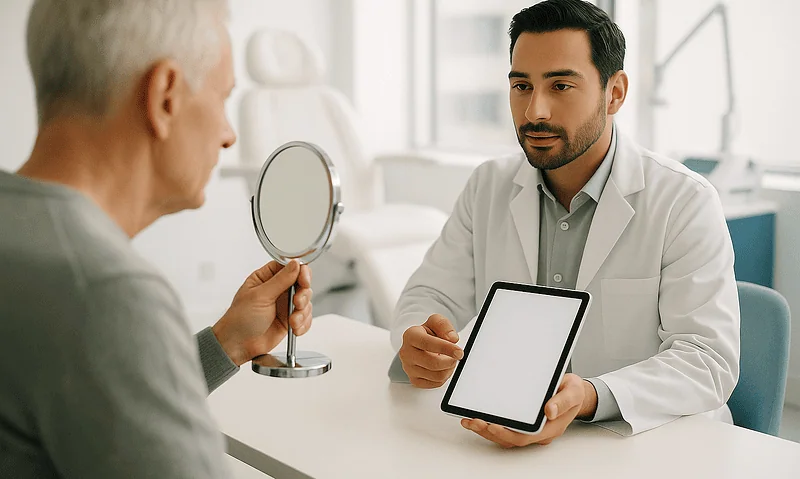Doctor consulting with elderly patient about cosmetic procedures at Acibadem Hospital.