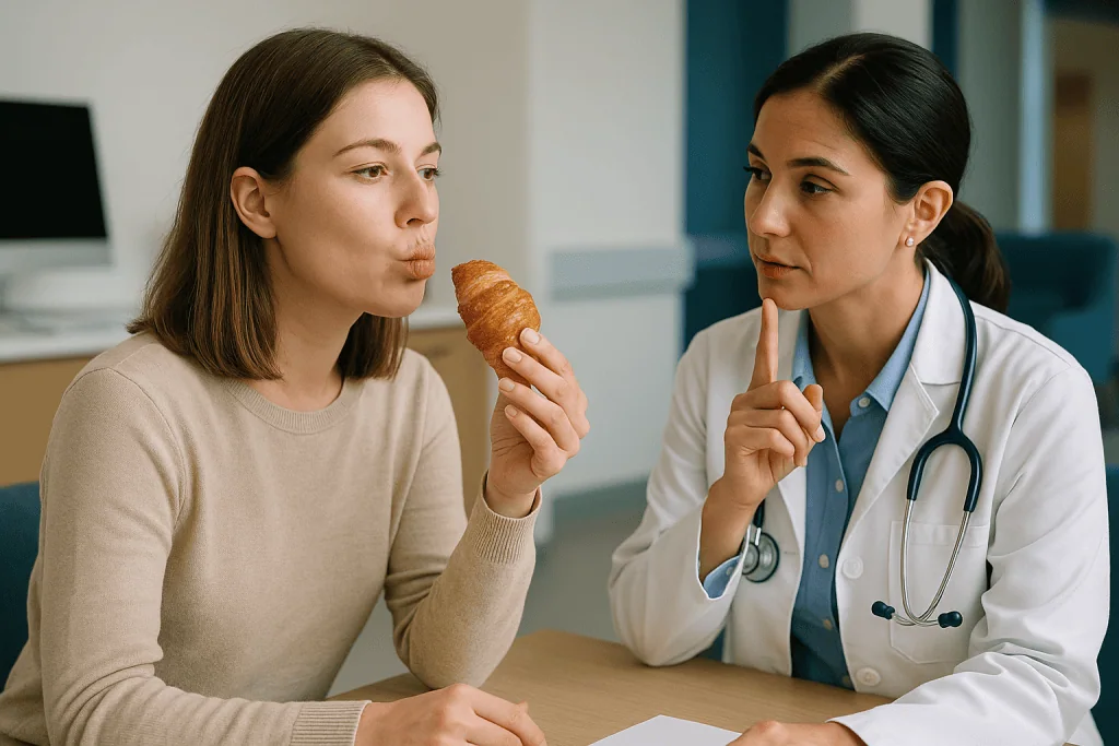 Doctor consulting patient holding croissant during appointment — Lip flip vs filler: two different mechanisms, not two versio