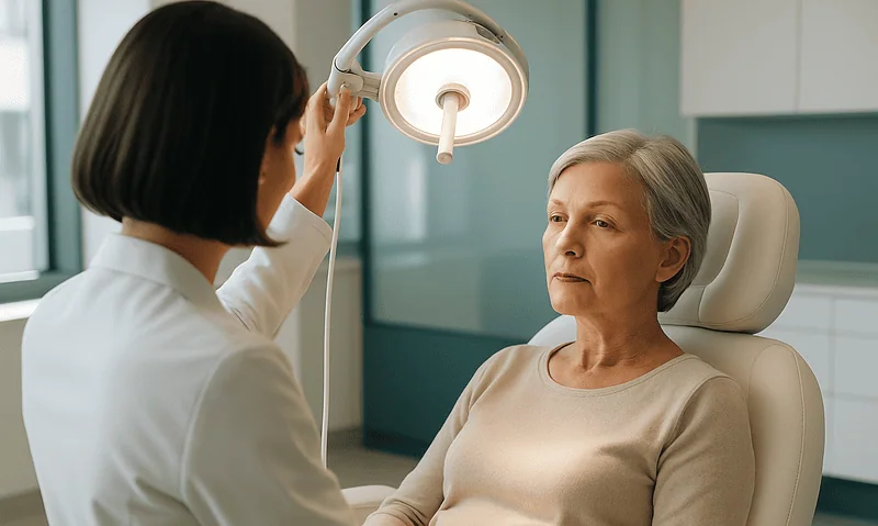 Senior woman at a medical consultation with a healthcare professional in a clinic.