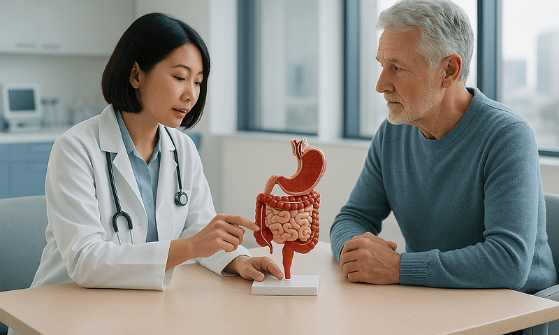 Doctor explaining stomach anatomy to patient in a consultation room.