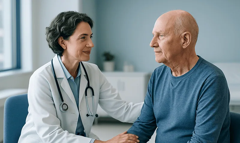 Doctor consulting with an elderly male patient in a medical office.