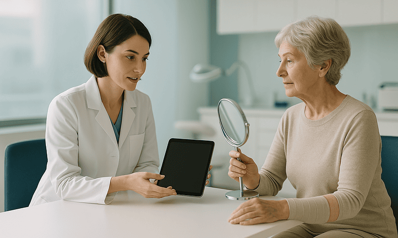 Doctor explaining lipedema treatment options to an elderly patient.