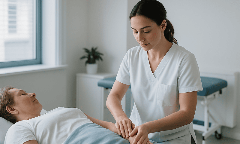 Medical professional examining a patient's swollen leg in a clinical setting.