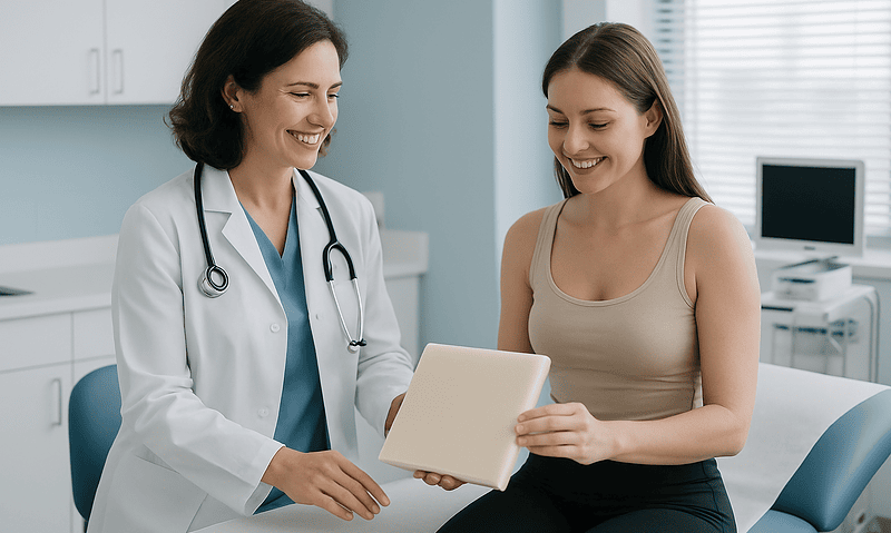 Doctor discussing treatment options with a patient in a medical office.