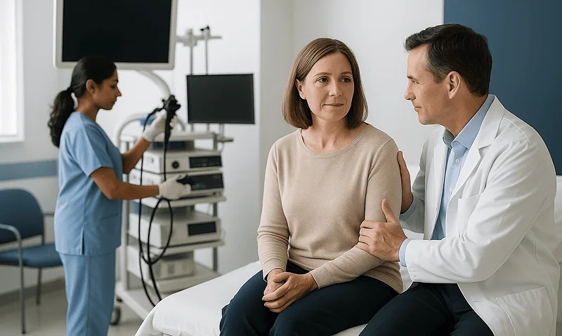 Doctor consulting with a woman patient in a hospital room.