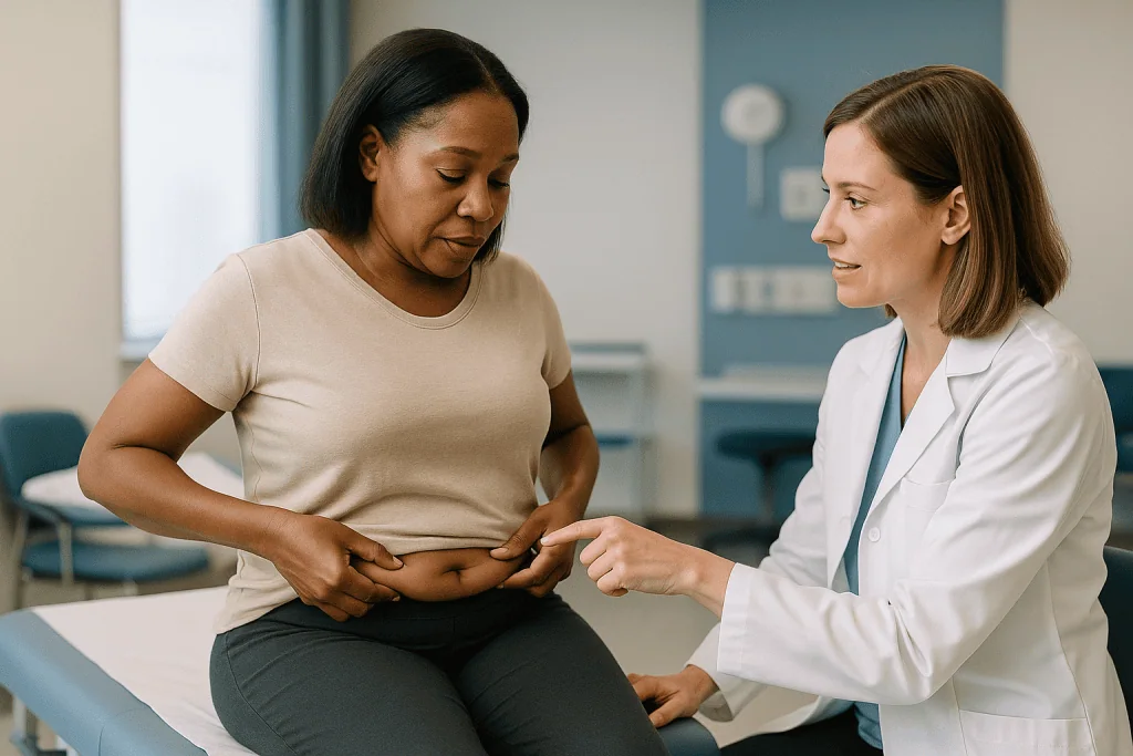 Doctor consulting patient about abdominal body contouring: Liposuction and skin elasticity: what the pinch test is really me