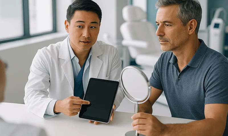 Doctor explaining liposuction options to a patient at a clinic.