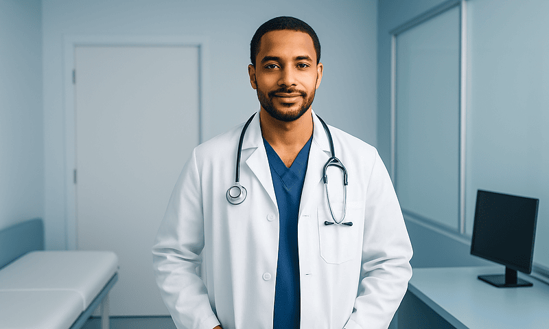 Male doctor in white coat with stethoscope in hospital room.