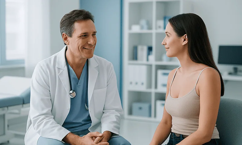 Doctor consulting with a young woman in a medical office setting.