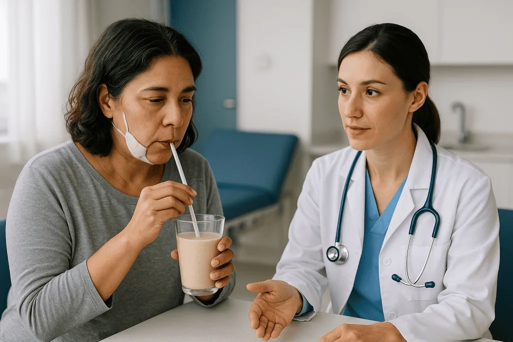 Doctor consulting patient holding beverage drink: Liquid diet after jaw surgery: what the first days look like