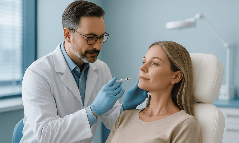 Doctor performing a liquid facelift consultation on a patient in a modern clinic.