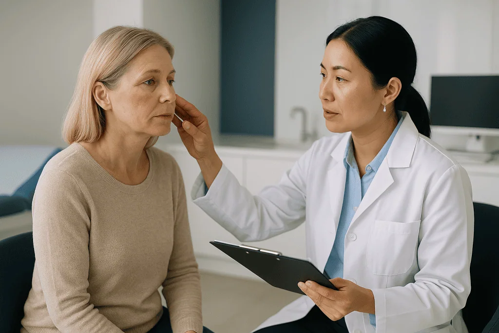 Doctor consulting with middle-aged patient in clinical setting: Liquid facelift risks at a glance: common, uncommon and rare