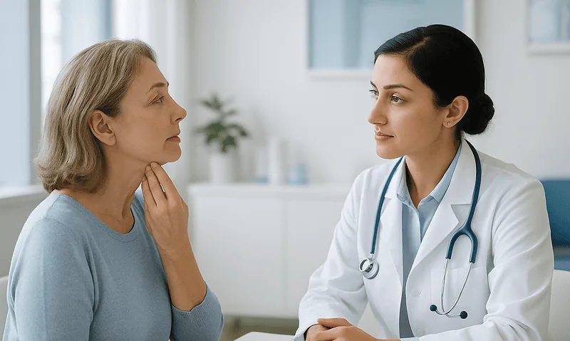 Doctor consulting with middle-aged woman about facial treatment risks.