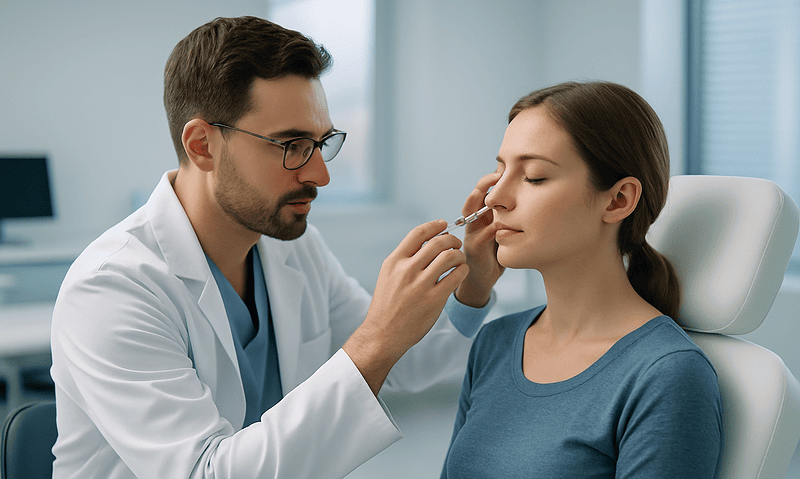 Doctor performing liquid rhinoplasty consultation on a woman in a clinical setting.