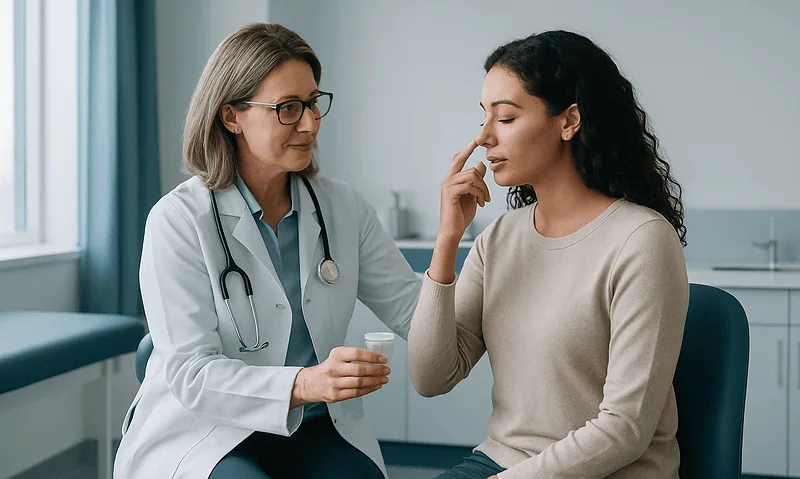 Doctor explaining nasal care after rhinoplasty to patient in clinic.
