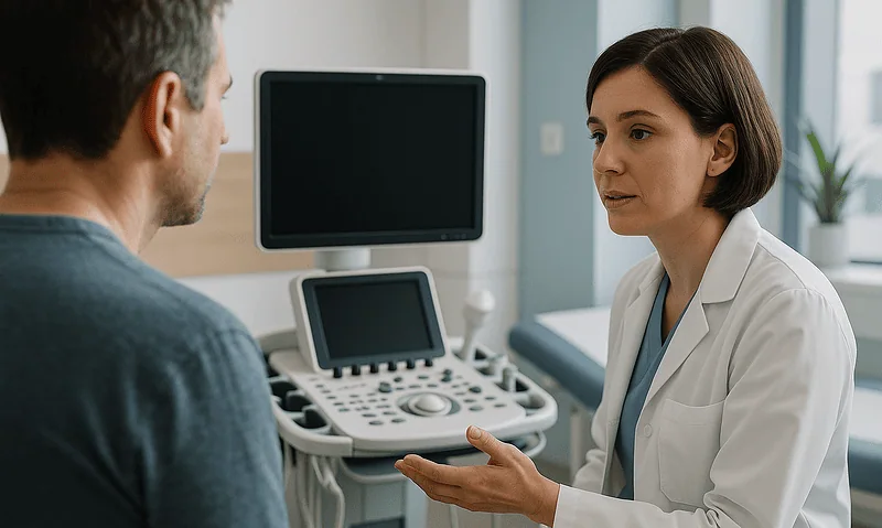 Doctor consulting patient in a medical examination room with ultrasound equipment.