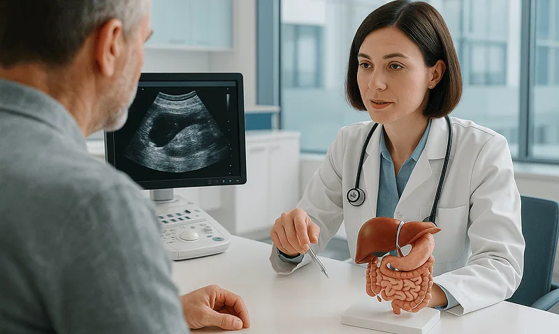 Doctor explaining liver health to patient with ultrasound image in background.