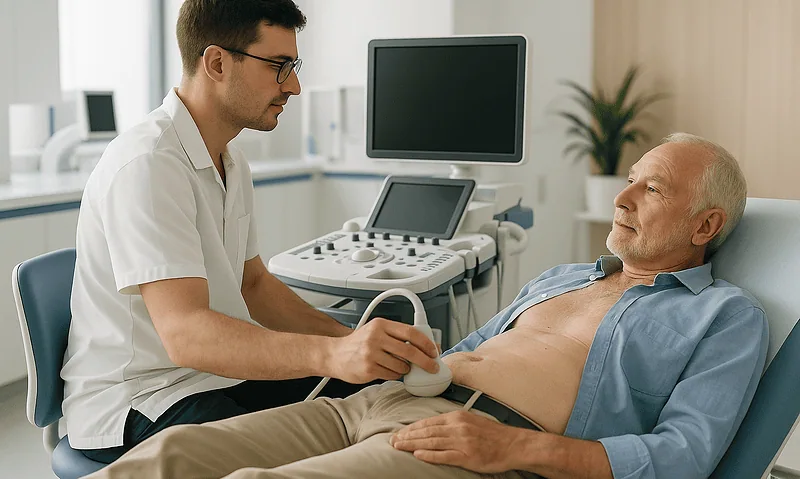 Doctor performing an ultrasound on an elderly male patient in a hospital room.